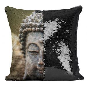 Fabulous Coussin avec Housse Sequin - Paillettes Noir Gros Plan Bouddha de Bronze Style Chinois [40 x 40 cm]
