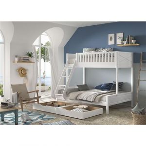 VIVIEN - Lit Superposé 2 Tiroirs en Pin Laqué Blanc Couchages 140x200cm et 90x200cm - Altobuy