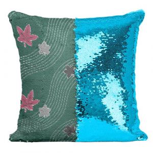 Fabulous Coussin avec Housse Sequin - Paillettes Turquoise Feuille d'erable Motif Japonais Vert [40 x 40 cm]