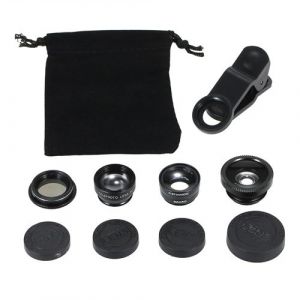 Objectif universel 5-en-1 pour smartphone + Macro + 0.67X Grand angle + 2X Distance augmentée + 180°Fisheye Noir
