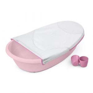 INGENUITY Baignoire b&eacute;b&eacute; &eacute;volutive rose, extra-large, transat b&eacute;b&eacute; hamac en tissu, support b&eacute;b&eacute; assis, 2 jeux d'eau de 0 a 24 mois