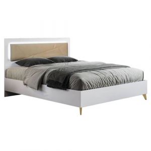 Lit 160x200cm T&ecirc;te Rembourr&eacute;e Laqu&eacute; Blanc et D&eacute;cor Dor&eacute; avec Leds - JEMMA - ALTOBUY