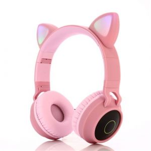 Casque Bluetooth 5.0 Chat Mignon Avec Oreilles Lumineuses Pliable Stéréo Sans Fil Avec Micro Radio FM SD Pour Enfants Et Ados Rose YONIS