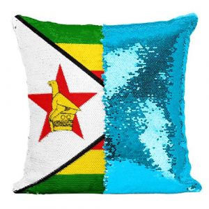 Fabulous Coussin avec Housse Sequin - Paillettes Turquoise Drapeau Zimbabwe [40 x 40 cm]
