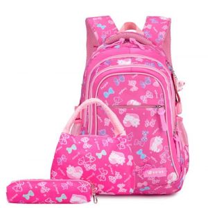 Floral Sac à Dos Scolaire pour Fille,Toile Sac à Dos + Sac à Lunch + Sac de Stylo pour l’Adolescent l’Étudiant,Rose