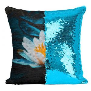 Fabulous Housse de Coussin &agrave; Sequin - Paillettes Turquoise Fleur de Lotus et Feuilles de N&eacute;nuphar [40 x 40 cm]