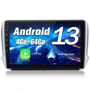 Autoradio Android 13 pour Peugeot 208/2008 (2012-2018) [4Go+64Go] avec 4G Carplay Android Auto 10.1 Pouces Écran Tactile GPS Bluetooth Wi-FI/Commande au Volant - Aide au Parking