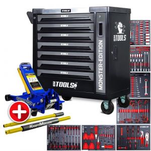Servante d'atelier BM TOOLS 9/7 MONSTER-EDITION-GREY 7 tiroirs pleins 257 outils + Cric hydraulique Kraft Muller 2,25T Bleu