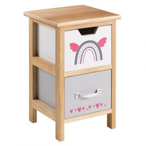 Table de chevet enfant ESTA petite commode en bois de paulownia naturel, 2 tiroirs gris et blanc aux motifs arc-en-ciel