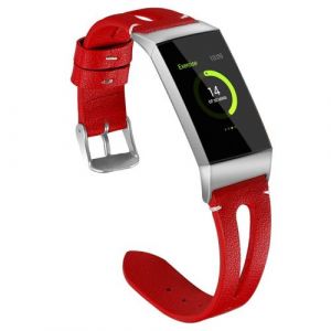 Bracelet en cuir avec cadre en m&eacute;tal Remplacement pour Fitbit Charge 3 - Rouge (Taille L)