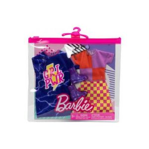 Coffret 2 habits barbie : robe bleu + jupe a carreaux jaune et rose et bottes - tenue de ville - vêtement poupée