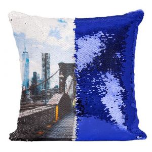 Fabulous Housse de Coussin &agrave; Sequin - Paillettes Bleu Pompier Traverse le Pont de Brooklyn [40 x 40 cm]