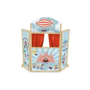 Joli theatre de marionnettes en bois enfant cirque 68x7x115cm - castelet  spectacle - set jouet educatif et carte animaux