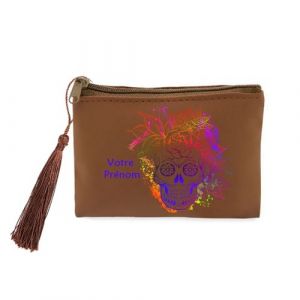 Porte monnaie et porte cles marron Taperso avec motif tete de mort mexicaine multicolore personnalisable