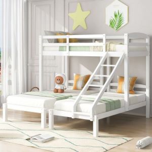 Lit triplé, lit enfant superposé triple avec échelle latérale pour enfants et adolescents, blanc (90x200cm)