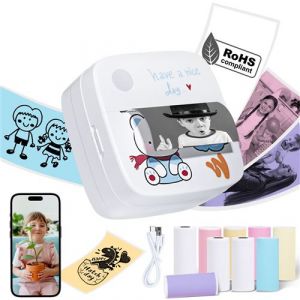 Mini imprimante thermique portable rose avec 13 rouleaux &ndash; Impression tickets, &eacute;tiquettes & notes