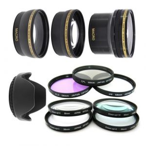 Kit 58MM Filtres HD (UV, CPL, FLD) + 4 filtres Macro + fisheye + telephoto + grand angle + pare soleil