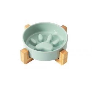 Gamelle anti-glouton pour chien et chat en c&eacute;ramique avec support en bois vert AQ3737