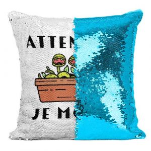 Fabulous Housse de Coussin &agrave; Sequin - Paillettes Turquoise Attention je Mords Plante Carnivore [40 x 40 cm]