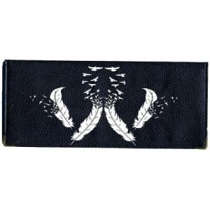 Porte chéquier portefeuille porte carte en cuir noir motif Plume blanche oiseau