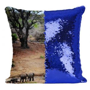 Fabulous Coussin avec Housse Sequin - Paillettes Bleu Famille D'&Eacute;l&eacute;phant d'Afrique Traversent la Savane [40 x 40 cm]