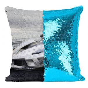 Fabulous Coussin avec Housse Sequin - Paillettes Turquoise Belles Voiture de Sport Ferrari Grise 70 [40 x 40 cm]