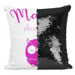 Fabulous Coussin avec Housse Sequin - Paillettes Noir Mamie Chouette Grand Mere Hibou [40 x 40 cm]