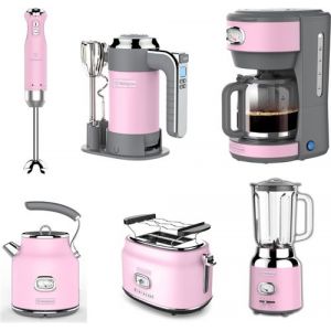 ENSEMBLE RETRO WESTINGHOUSE - Batteur &agrave; main - Mixeur plongeant + Blender + Bouilloire + Grille-pain 2 fentes + Cafeti&egrave;re - Rose