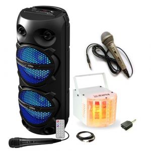Pack Karaok&eacute; Enceinte Bluetooth 300W 2x8'' LED TWS Party PLUTON - 2 micros - Jeu Lumi&egrave;re Derby PARTY-DERBY6 - Anniversaire