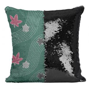 Fabulous Coussin avec Housse Sequin - Paillettes Noir Feuille d'erable Motif Japonais Vert [40 x 40 cm]