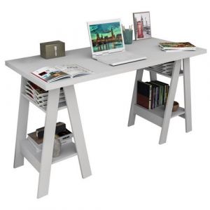Bureau 2 Tr&eacute;teaux Blanc 4 Etag&egrave;res - L 135 x l 60 x H 75 cm