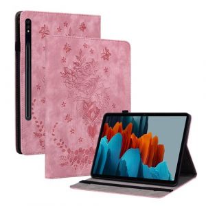 Compatible avec Samsung Galaxy Tab S7 Étui de tablette intelligente multifonctionnelle en cuir mortel avec support et emplacement pour carte-Or rose