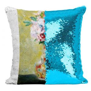 Fabulous Coussin avec Housse Sequin - Paillettes Turquoise Renoir Bouquet Vase [40 x 40 cm]