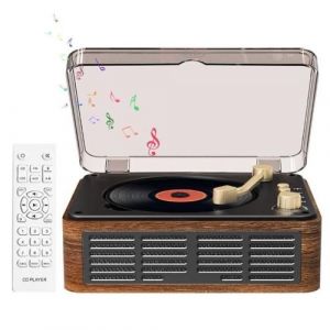 LINFE Lecteur CD portable Bluetooth avec t&eacute;l&eacute;commande, petit lecteur CD r&eacute;tro avec radio FM, haut-parleurs et prise casque, USB et AUX,jaune-brun