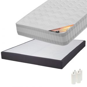TAHITI - Pack Matelas 140x190 + Sommier Tapissier Démontable 2x20 Lattes Anthracites + Pieds Blancs 15cm - Altobuy