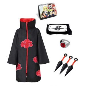 Set de 5 pièces Cape Bandeau Bague Kunai Calendrier français Naruto Akatsuki Uchiha Itachi Cosplay Noir+Rouge XL(175-185cm)