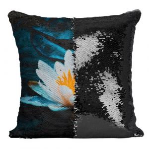 Fabulous Housse de Coussin &agrave; Sequin - Paillettes Noir Fleur de Lotus et Feuilles de N&eacute;nuphar [40 x 40 cm]