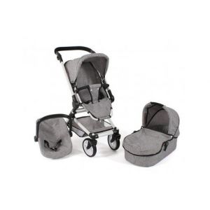 Landau combi 3 en 1 poussette  avec nacelle et cosy  gris - pour poupee  poupon - pliable  poignee reglable 60-85 cm - jouet enfant