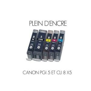Pack de 5 cartouches d'encre compatibles Canon PGI 5 Black et CLI 8 Black-Cyan-Magenta-Yellow - PLEIN D'ENCRE