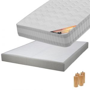 TAHITI - Pack Matelas 140x190 + Sommier Tapissier Démontable 2x20 Lattes Lin + Pieds Bois 15cm - Altobuy