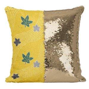 Fabulous Housse de Coussin &agrave; Sequin - Paillettes Dor&eacute; Feuille d'erable Motif Japonais Jaune [40 x 40 cm]