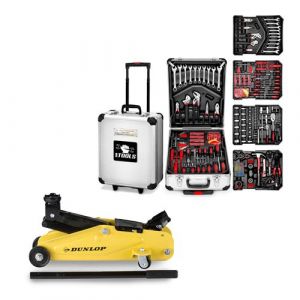 Boite &agrave; Outils 399 pi&egrave;ces BM TOOLS Chrome Vanadium & Cric Rouleur Hydraulique Compact DUNLOP 2T - Mallette en aluminium trolley