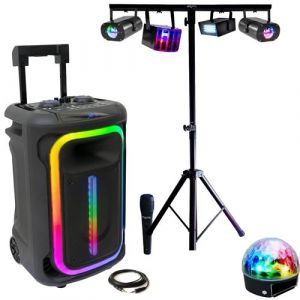Pack Karaok&eacute; Enceinte Portable Bluetooth USB Autonome TWS 800W Ibiza MOBILE800 - 1 Micro - Pied Lumi&egrave;re R&eacute;glable MOOVING LIGHT Bar