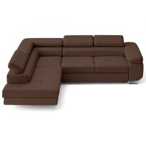 Zaria - canap&eacute; d'angle gauche 5 places convertible avec coffre et t&ecirc;ti&egrave;res en simili - Marron
