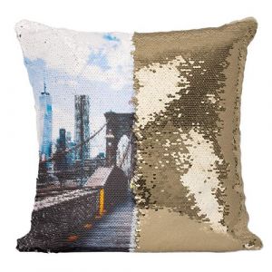 Fabulous Housse de Coussin &agrave; Sequin - Paillettes Dor&eacute; Pompier Traverse le Pont de Brooklyn [40 x 40 cm]
