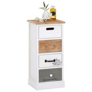Chiffonnier SALVA H 77 cm en bois massif blanc, gris et brun 4 tiroirs commode petit meuble de rangement haut