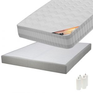 TAHITI - Pack Matelas 140x190 + Sommier Tapissier Démontable 2x20 Lattes Lin + Pieds Blancs 15cm - Altobuy