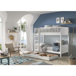 VIVIEN - Lit Superposé en Pin Laqué Blanc 90x200cm avec 2 Tiroirs - Altobuy