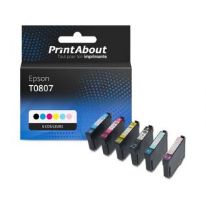 PrintAbout Cartouche d'encre compatible avec Epson T0807 - 6 couleurs - Multipack