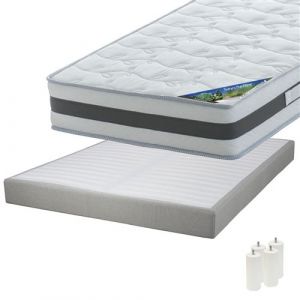 Pack Matelas 140x190 + Sommier Tapissier D&eacute;montable 2x20 Lattes Lin + Pieds Blancs 15cm - SEYCHELLES - ALTOBUY